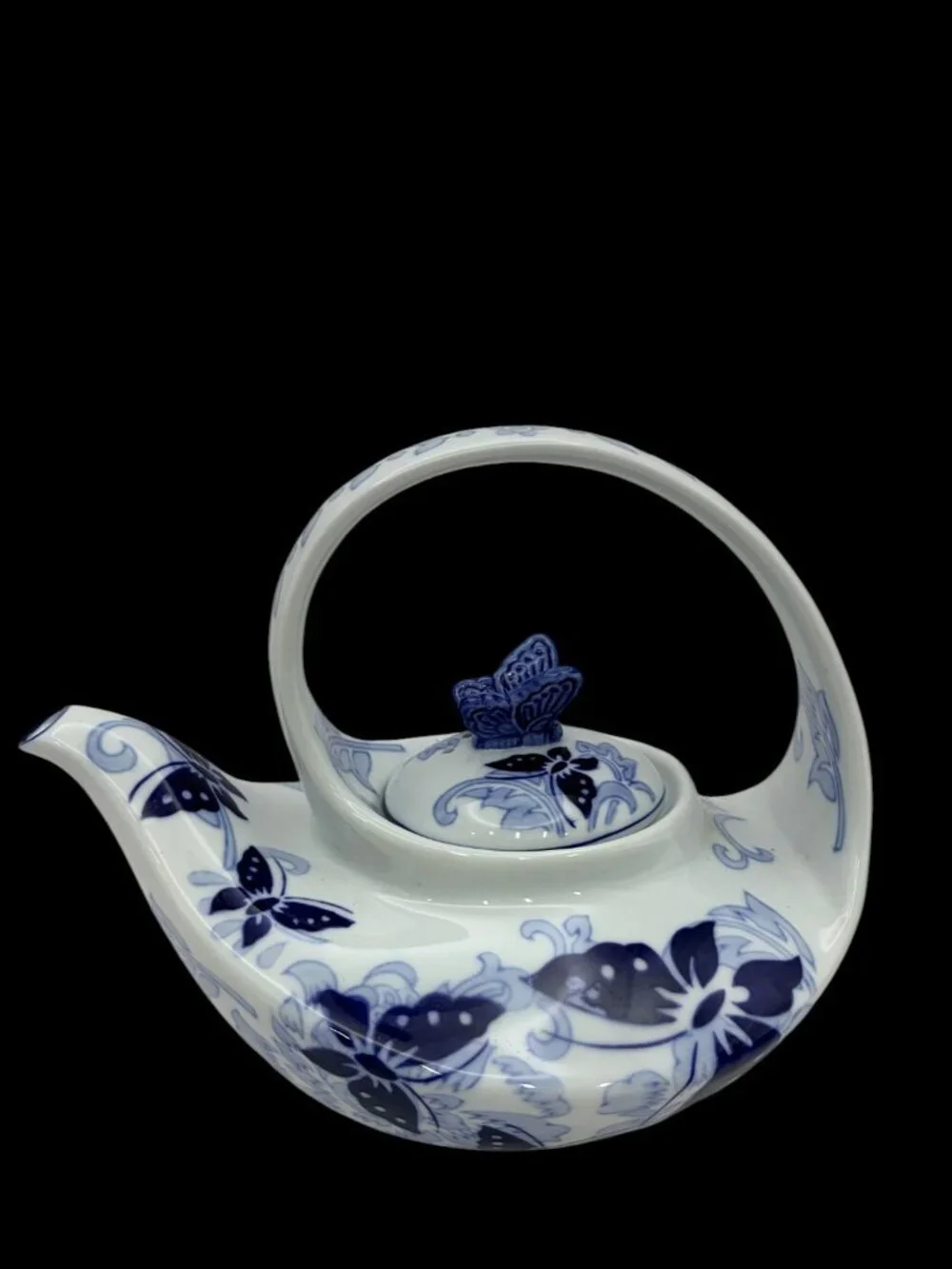 Pier 1 Imports Hand Painted Porcelain Teapot Blue White Floral Butterfly W\Lid